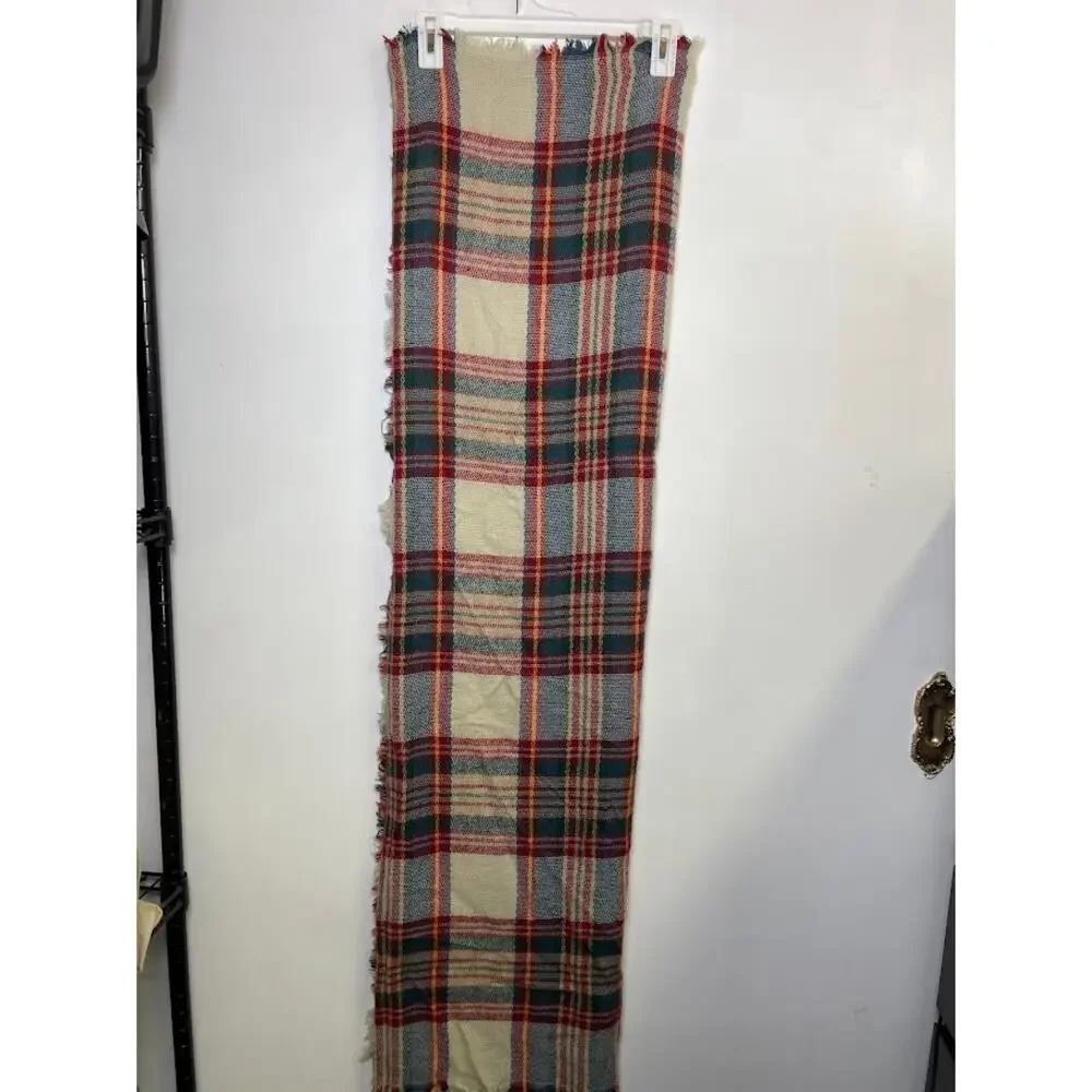 Womens Red Plaid Neck Scarf Cream Fringe Countryside‎ Prep Square Wrap
